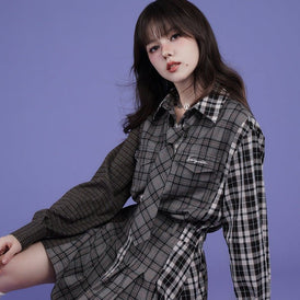 Splicing design plaid loose casual shirt dress - MEIMMEIM(メイムメイム)