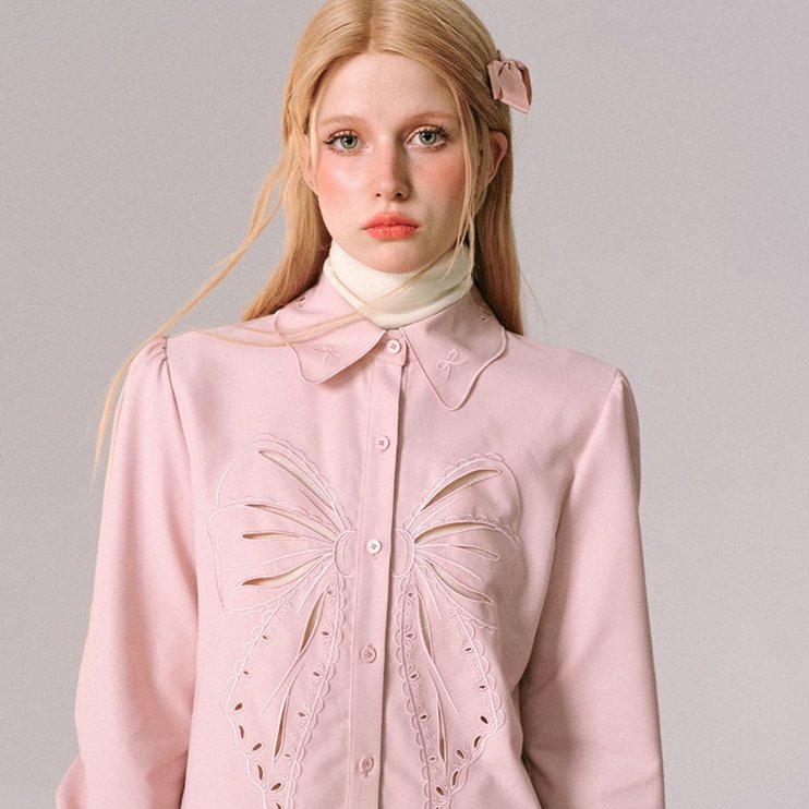 Spring Breath Bowtie Hollow Embroidery Long Sleeve Shirt - MEIMMEIM(メイムメイム)