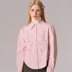 Spring Breath Bowtie Hollow Embroidery Long Sleeve Shirt - MEIMMEIM(メイムメイム)