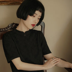Stand collar short sleeve cheongsam style black dress - MEIMMEIM(メイムメイム)