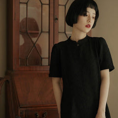 Stand collar short sleeve cheongsam style black dress - MEIMMEIM(メイムメイム)