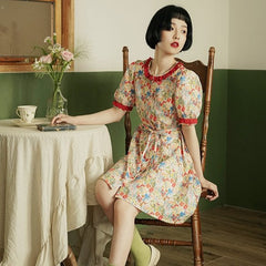 Stitching puff sleeves contrasting lace pastoral floral dress - MEIMMEIM(メイムメイム)