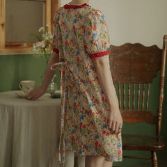 Stitching puff sleeves contrasting lace pastoral floral dress - MEIMMEIM(メイムメイム)