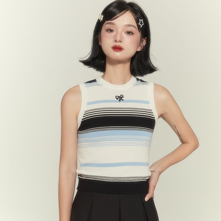 Striped Knitted Vest Sleeveless Knot Embroidered Short Top - MEIMMEIM(メイムメイム)