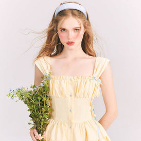 Summer Lemon Miniskirt Yellow Ribbon Ruched Puff Dress - MEIMMEIM(メイムメイム)