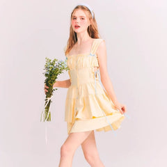 Summer Lemon Miniskirt Yellow Ribbon Ruched Puff Dress - MEIMMEIM(メイムメイム)