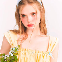 Summer Lemon Miniskirt Yellow Ribbon Ruched Puff Dress - MEIMMEIM(メイムメイム)
