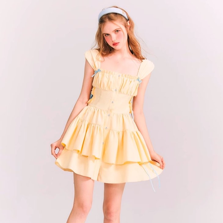 Summer Lemon Miniskirt Yellow Ribbon Ruched Puff Dress - MEIMMEIM(メイムメイム)