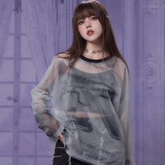 Sweet and cool gray mesh long sleeve T-shirt - MEIMMEIM(メイムメイム)