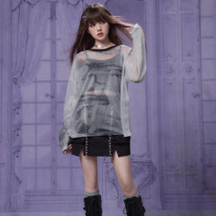 Sweet and cool gray mesh long sleeve T-shirt - MEIMMEIM(メイムメイム)