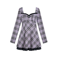 Sweet and spicy black purple grid long-sleeved dress - MEIMMEIM(メイムメイム)