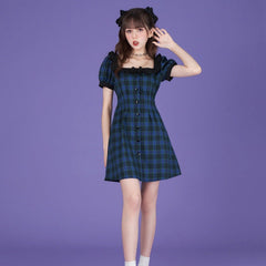 Sweet cool blue and green square collar dress - MEIMMEIM(メイムメイム)