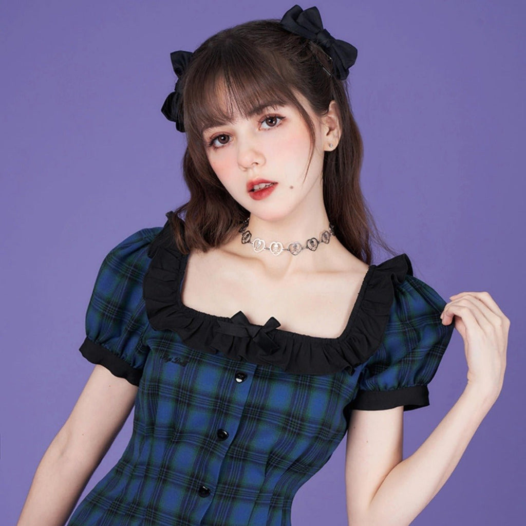 Sweet cool blue and green square collar dress - MEIMMEIM(メイムメイム)