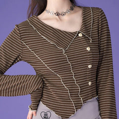 Sweet milk coffee striped lapel design casual T-shirt - MEIMMEIM(メイムメイム)