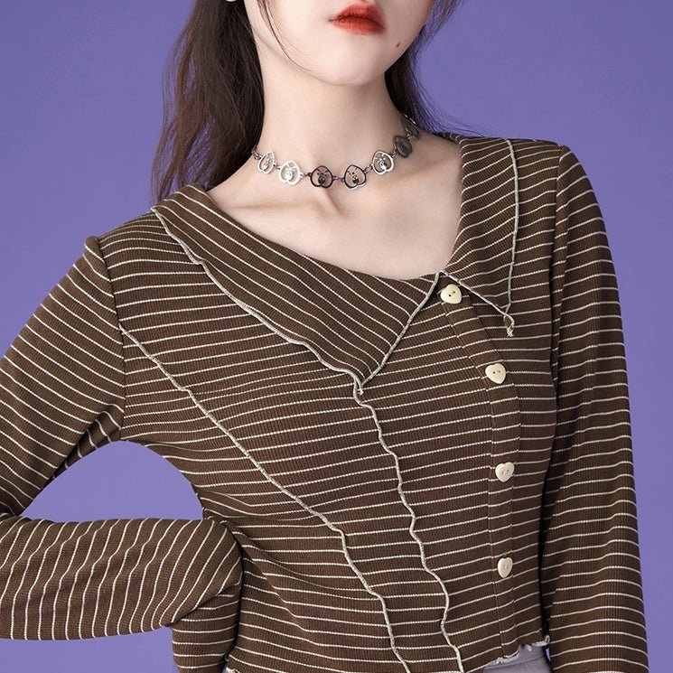 Sweet milk coffee striped lapel design casual T-shirt - MEIMMEIM(メイムメイム)