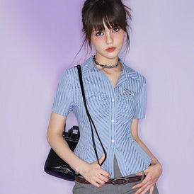 Thai college style blue striped waist shirt slim - MEIMMEIM(メイムメイム)