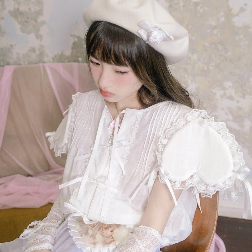Three-dimensional Love Sleeves Bow Lace Girls Shirt - MEIMMEIM(メイムメイム)