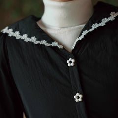 V-neck lace-breasted black belted waist cotton dress - MEIMMEIM(メイムメイム)
