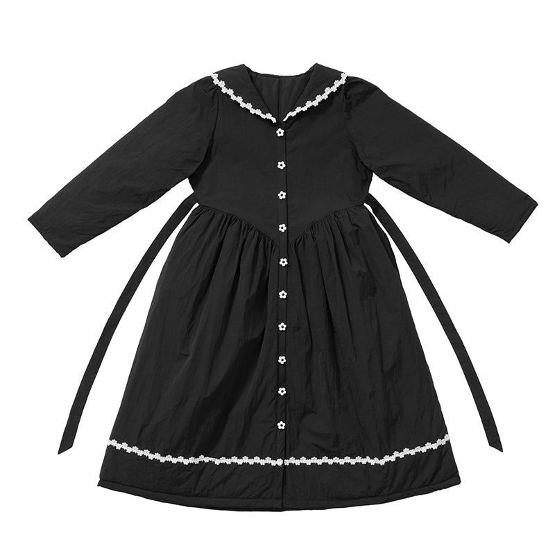 V-neck lace-breasted black belted waist cotton dress - MEIMMEIM(メイムメイム)