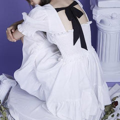 V-neck puff sleeve back lace irregular dress - ANM CHANNEL