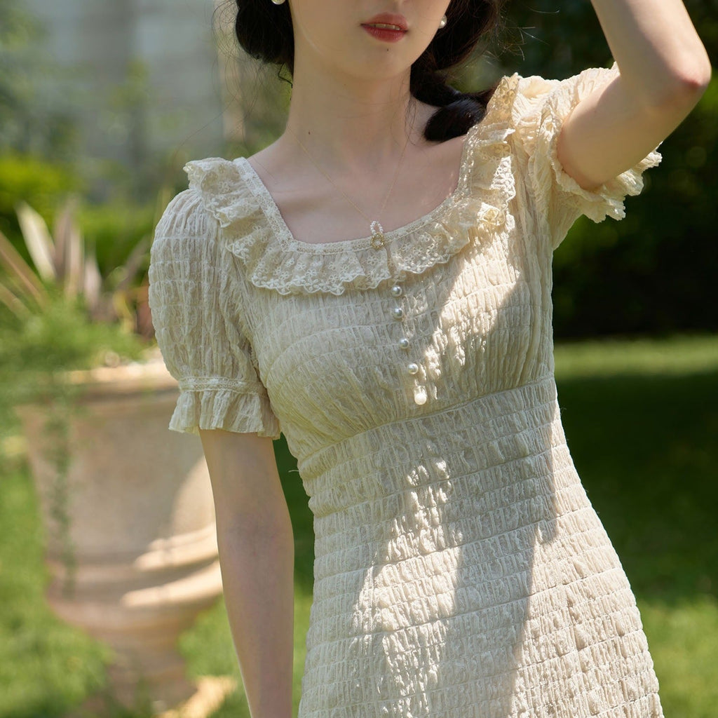 Waist-length puff sleeves square collar fairy lace dress - MEIMMEIM(メイムメイム)