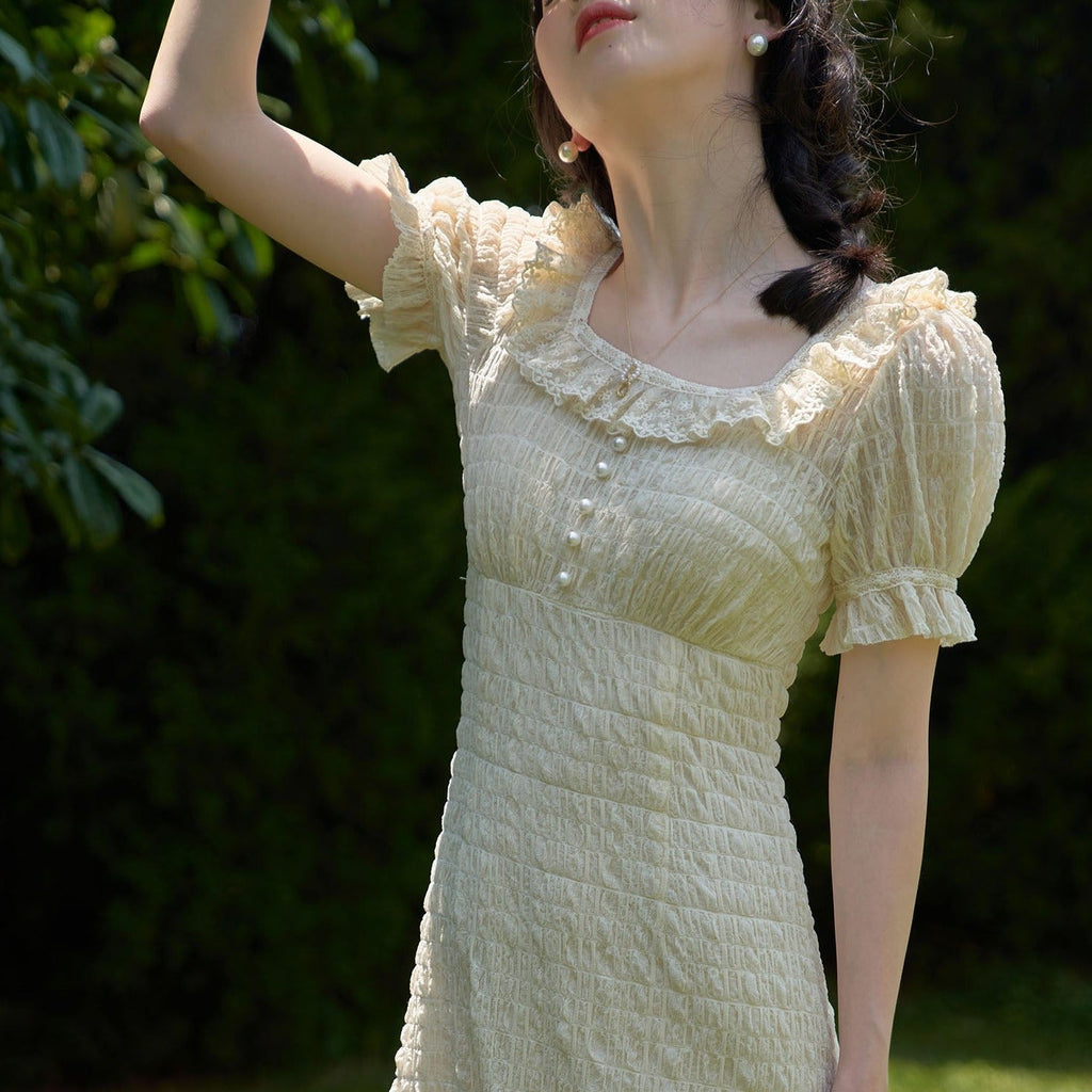 Waist-length puff sleeves square collar fairy lace dress - MEIMMEIM(メイムメイム)