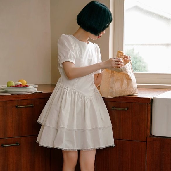 White French retro pleated cake dress short-sleeved skirt - MEIMMEIM(メイムメイム)
