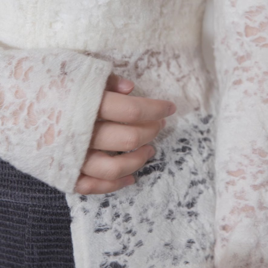 Wool lace ruffle stretch tight bottom shirt - MEIMMEIM(メイムメイム)