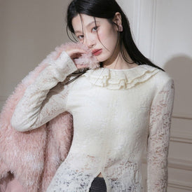 Wool lace ruffle stretch tight bottom shirt - MEIMMEIM(メイムメイム)