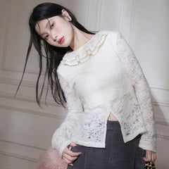 Wool lace ruffle stretch tight bottom shirt - MEIMMEIM(メイムメイム)